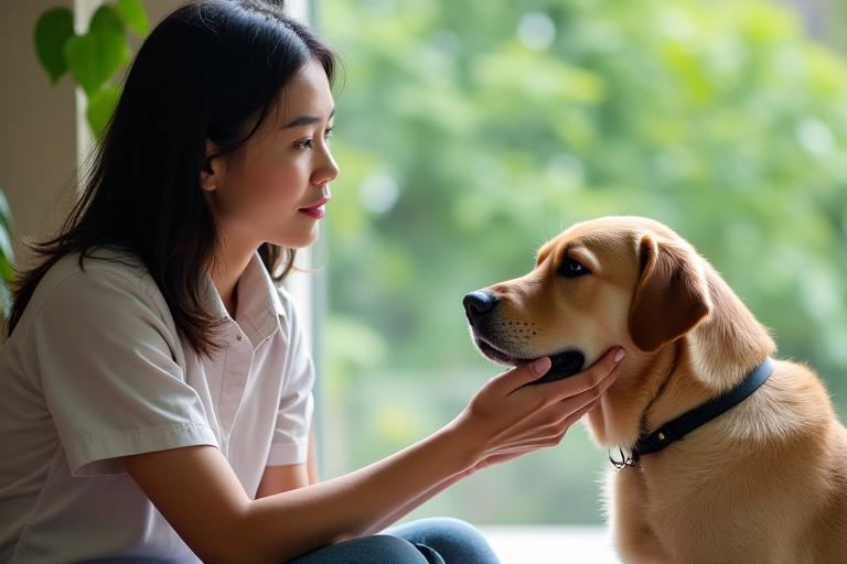 Trainer gently interacting with a happy dog