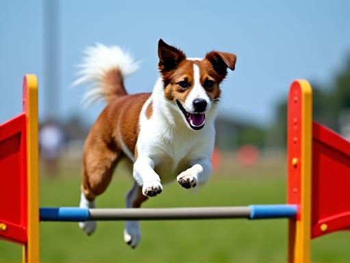 A energetic dog leaping over an agility hurdle with determination and joy.